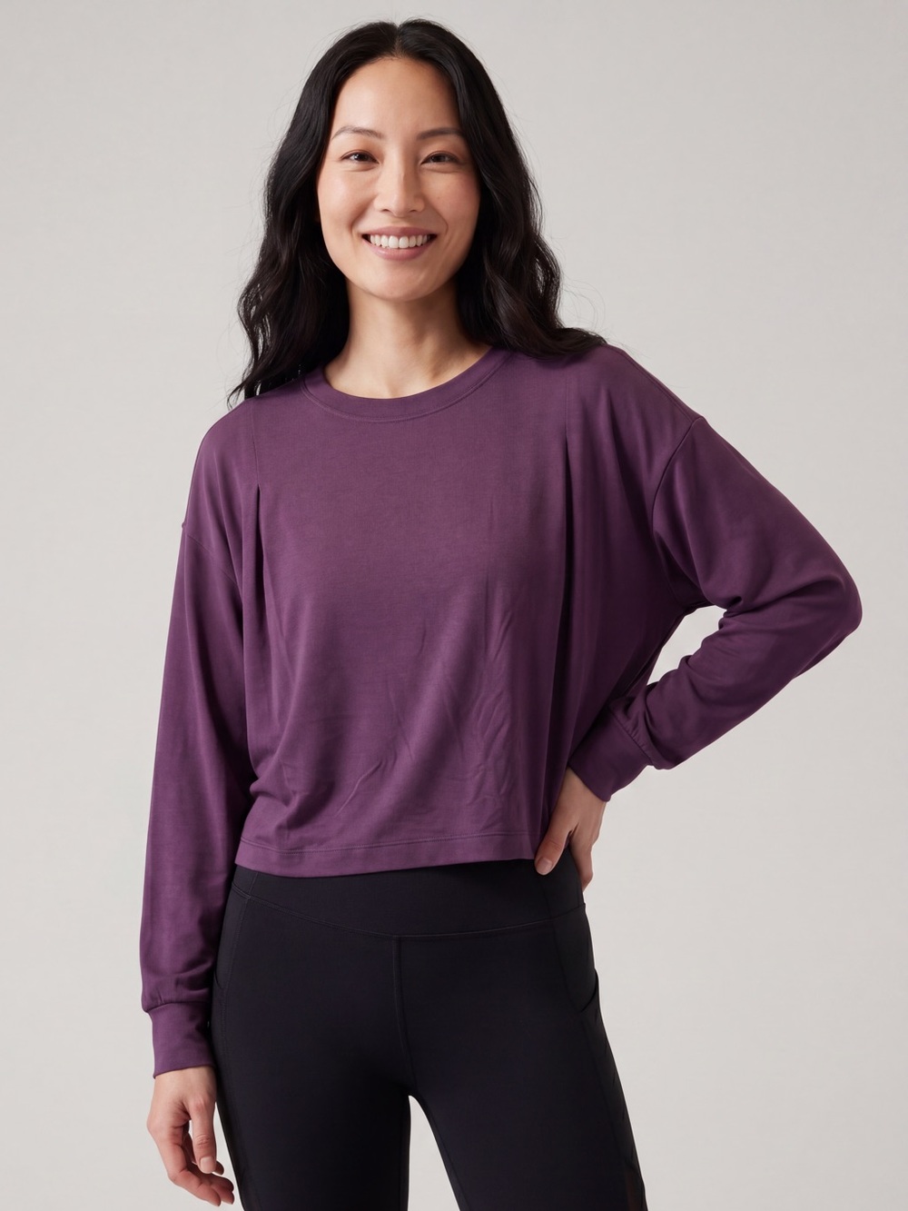 Athleta Plum‎ Purple Cropped Long Sleeve Lounge Top Soft Knit Athleisure